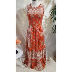 Versona Paisley Floral Smocked Ruffle Trim Tiered Maxi Dress Size S Boho Orange